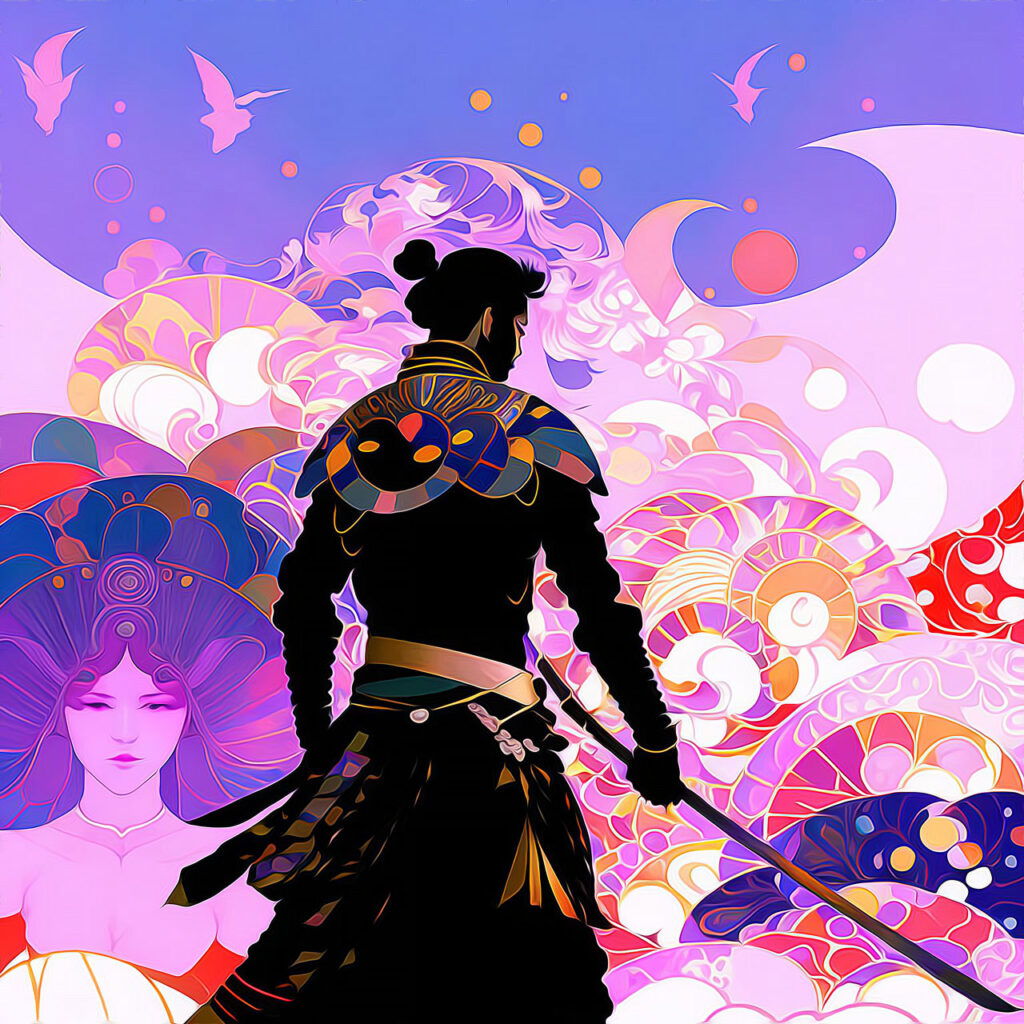 This is an art nouveau reinterpretation of the Japanese legend about a samurai named Masakazu who falls in love with a woman named Yoko, who is already engaged to another man. 
The two begin a secret love affair, but when Masakazu is caught by Yoko's fiancé, he must fight for his life. 
A sudden gust of wind blew through the cherry blossom trees, distracting the men and allowing Masakazu to strike the final blow. Masakazu and Yoko flee and live together in a village surrounded by cherry  lossom trees. But when Yoko's fiancé finds them, Masakazu dies in a tragic showdown, and Yoko dies of grief soon after.
The cherry blossom trees in the village still bloom every year in memory of the couple's love and sacrifice.